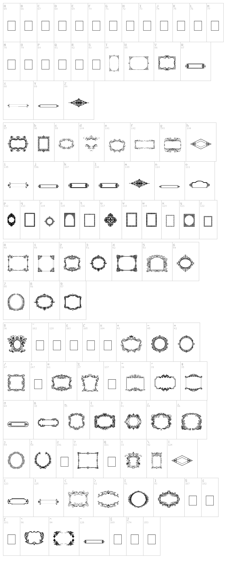 Vintage Frames font map